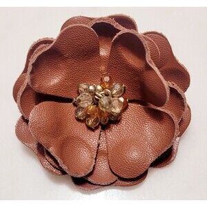 Vintage Leather Flower Brooch Pin Large Brown  2.25 In Approx
